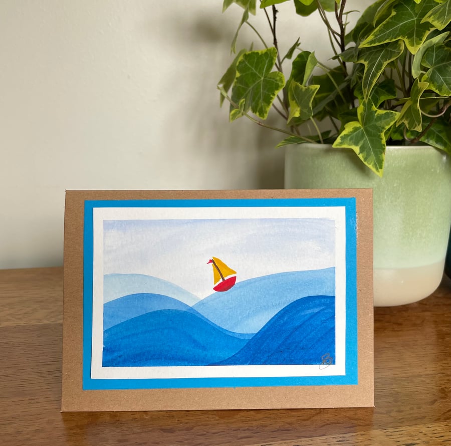 Card, boat greetings card, Fathers day, original artwork, blank, birthday.