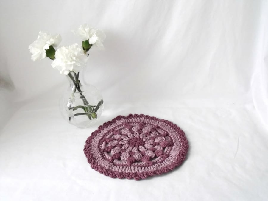 dusky pink crochet mandala, decorative crocheted doily for your home