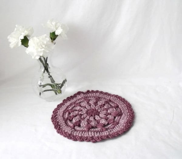 dusky pink crochet mandala, decorative crocheted doily for your home