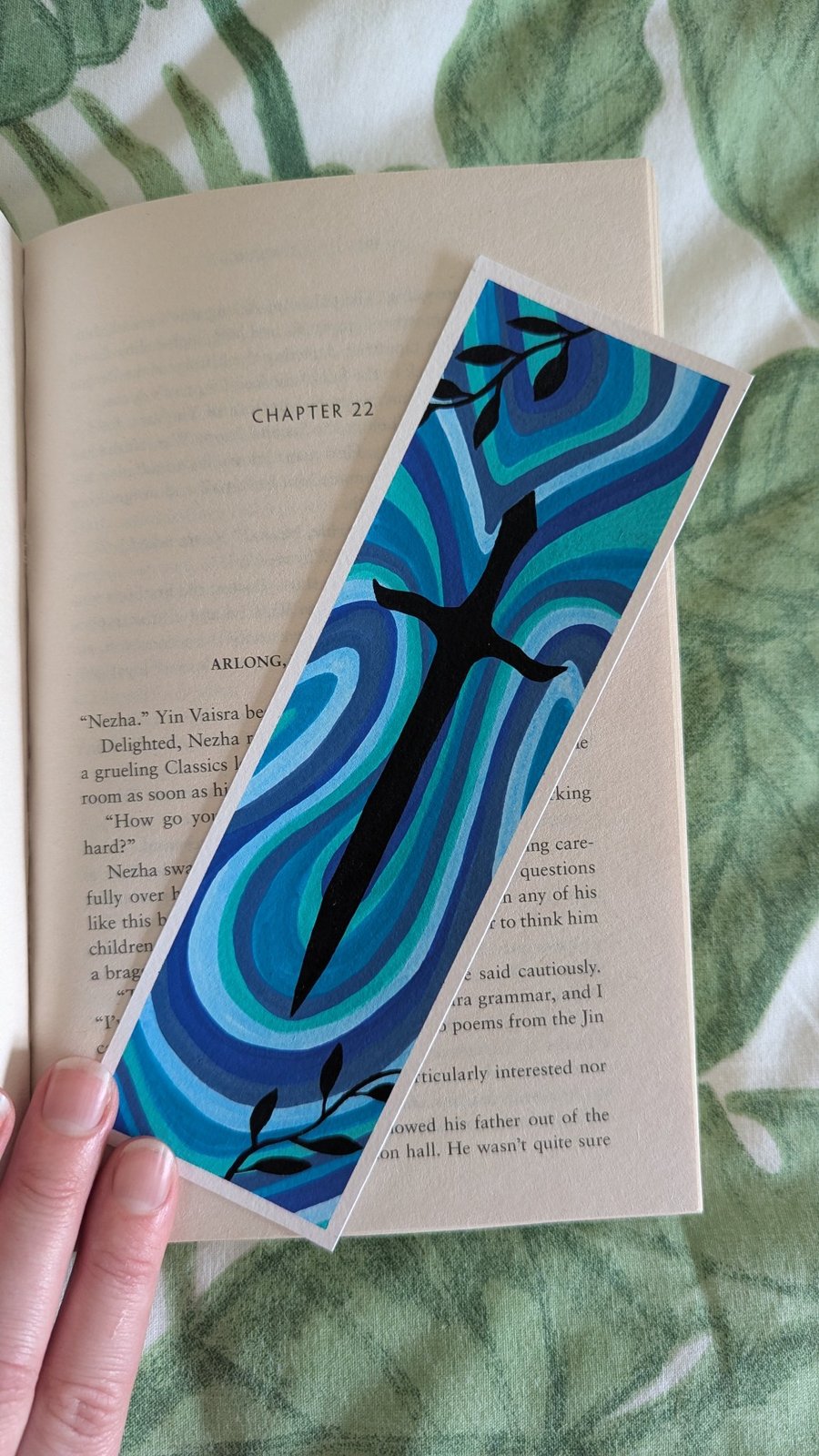 Handmade Blue Swirl Sword and Leaves Bookmark