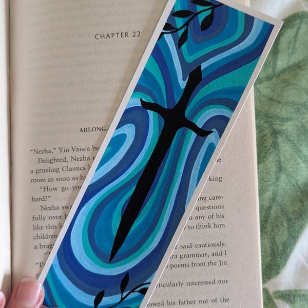Handmade Blue Swirl Sword and Leaves Bookmark