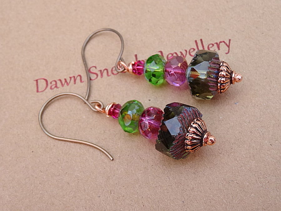 Green and Fuchsia Czech Glass Earrings.