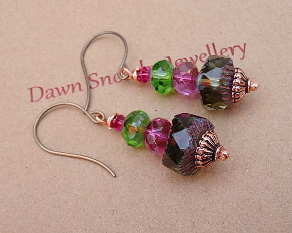 Green and Fuchsia Czech Glass Earrings.