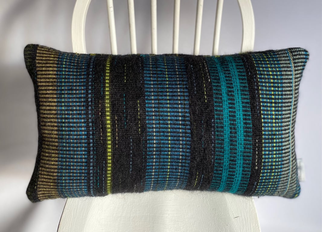 Hand woven cushion, hand crafted using wool & mohair yarns by Yvonne Skelton