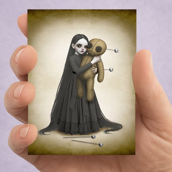 Creepy Cute ACEO Card: Goth Girl And Voodoo Doll