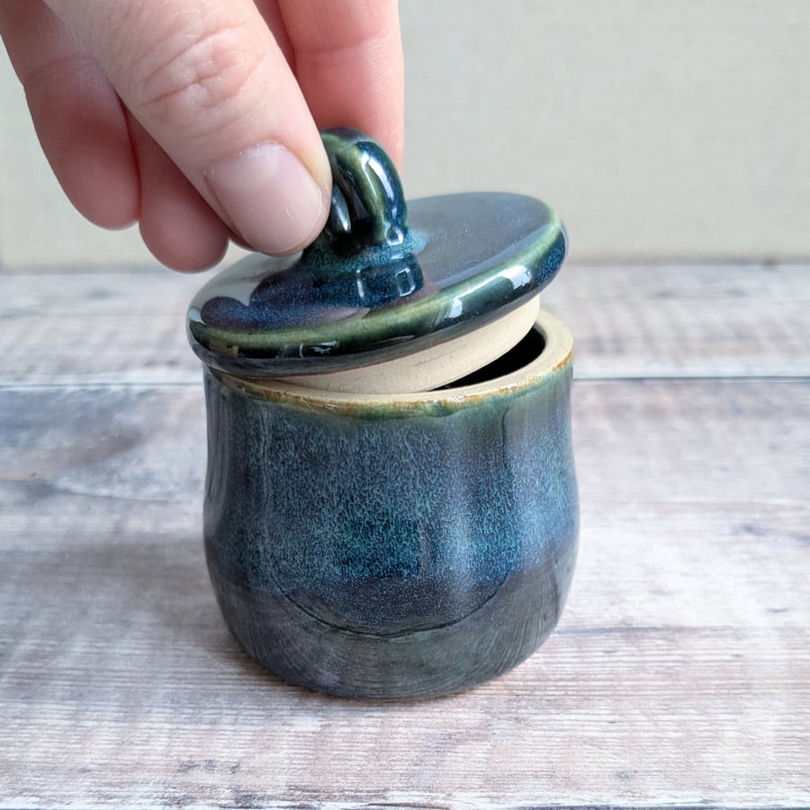 Small ceramic lidded dark green blue pot