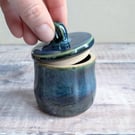 Small ceramic lidded dark green blue pot