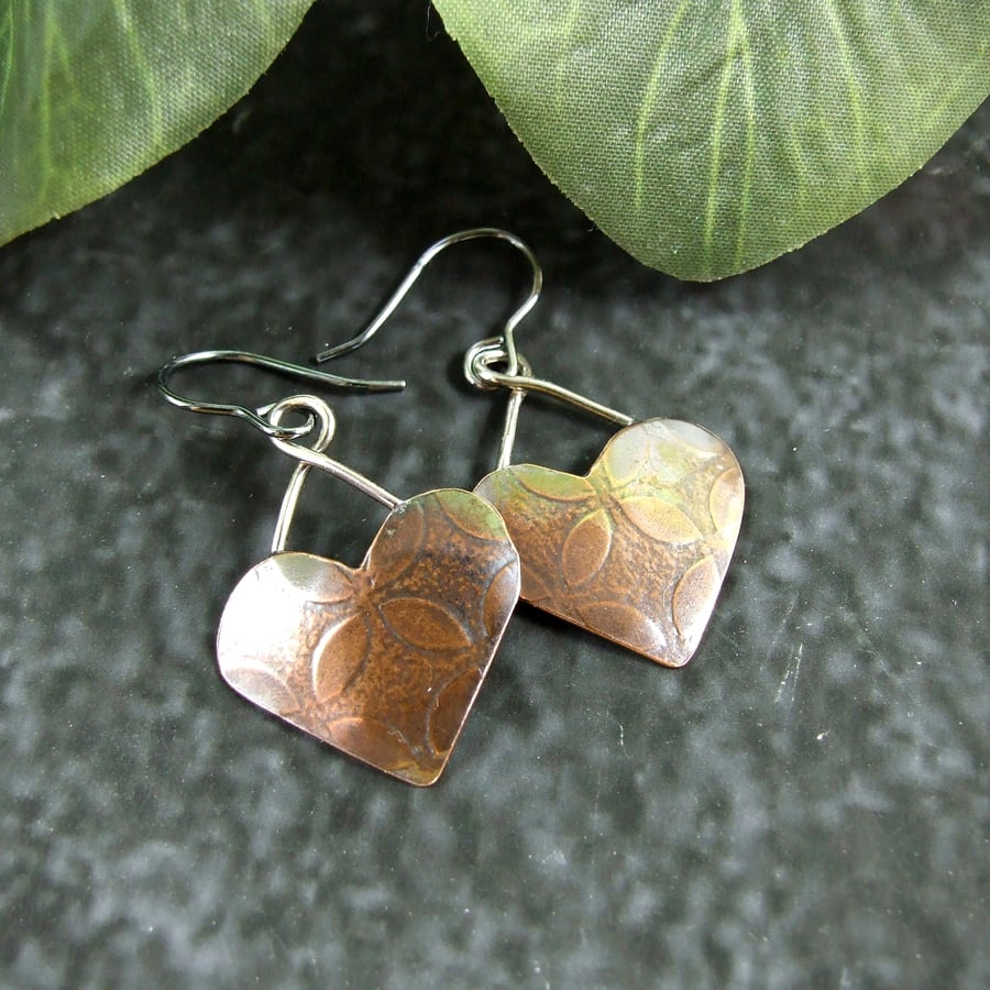Earrings, Sterling Silver and Copper Heart Dropper Earrings