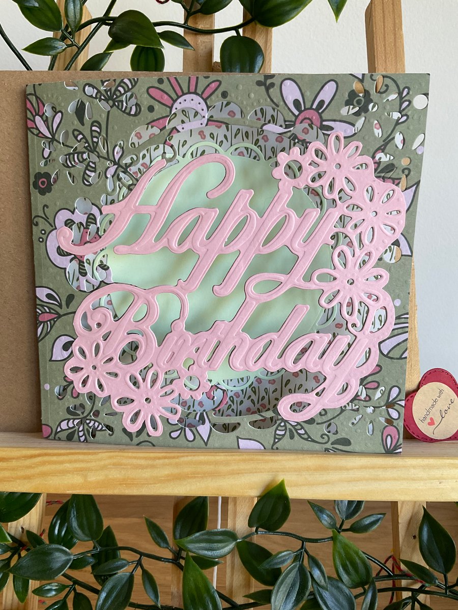 Green and pink floral birthday card 