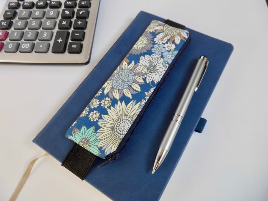  SOLD Pencil case for cover of book diary journal blue floral fabric