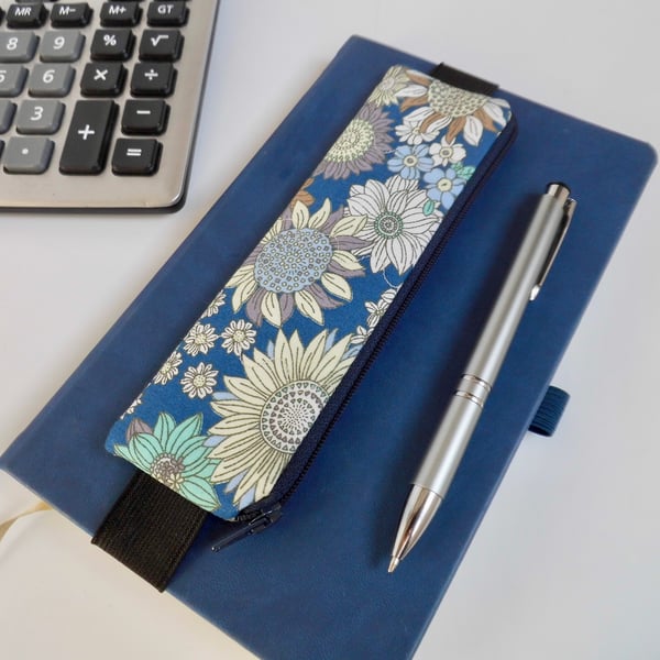  Pencil case for cover of book diary journal blue floral fabric