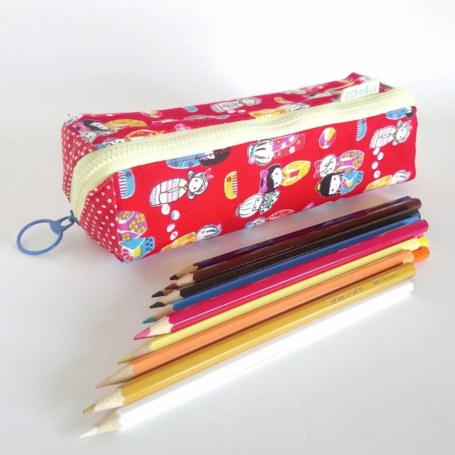Tray Type Pencil Case, Makeup pouch (Japanese Doll x Red)