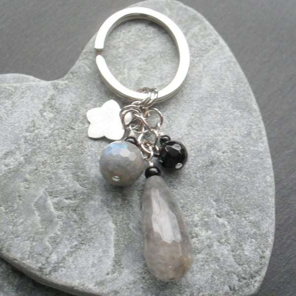 Cloudy Quartz Labradorite and Onyx Semi Precious Gemstone Keyring