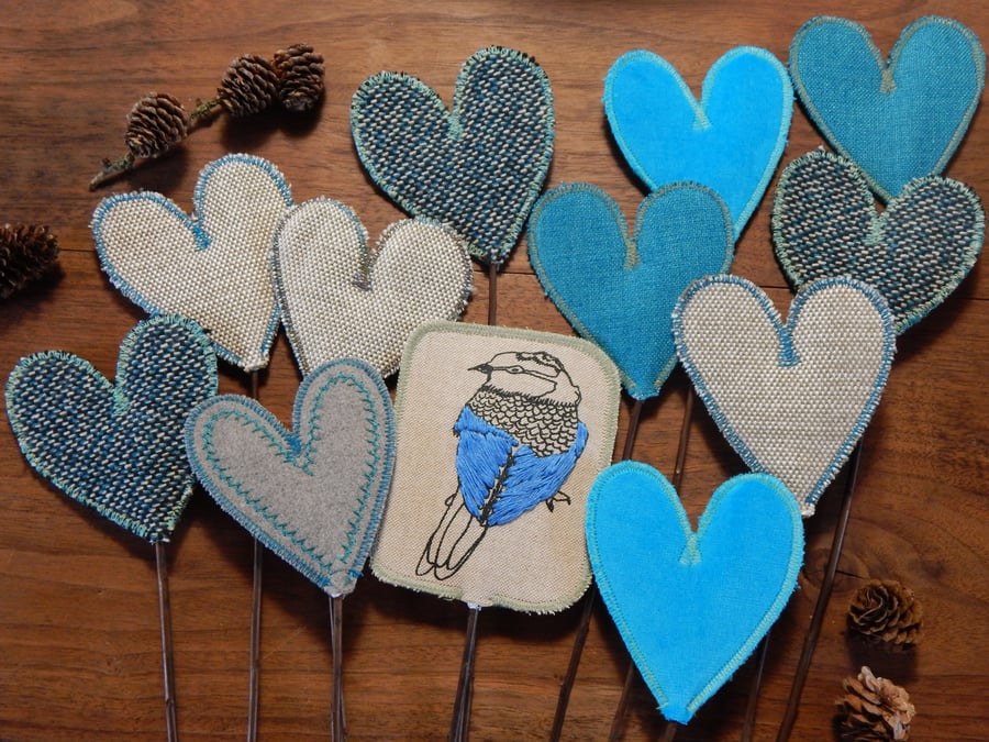 Bluetit and Blue Hearts - Fabric and willow bouquet 
