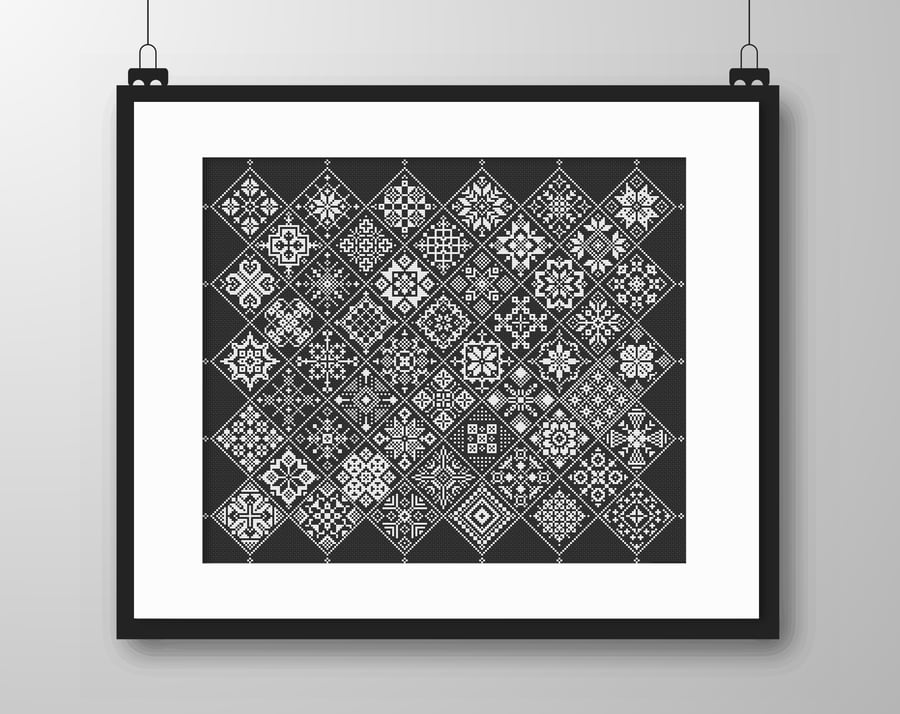 042E - Cross Stitch Quaker Sampler - White monochrome tiled patchwork on black
