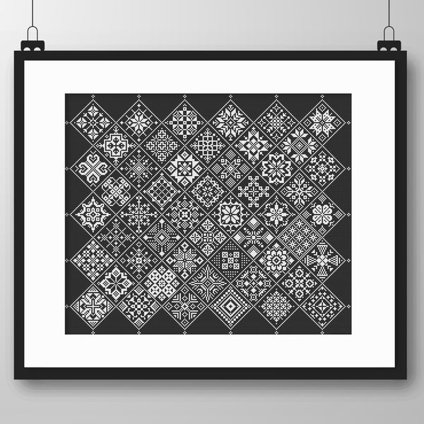 042E - Cross Stitch Quaker Sampler - White monochrome tiled patchwork on black