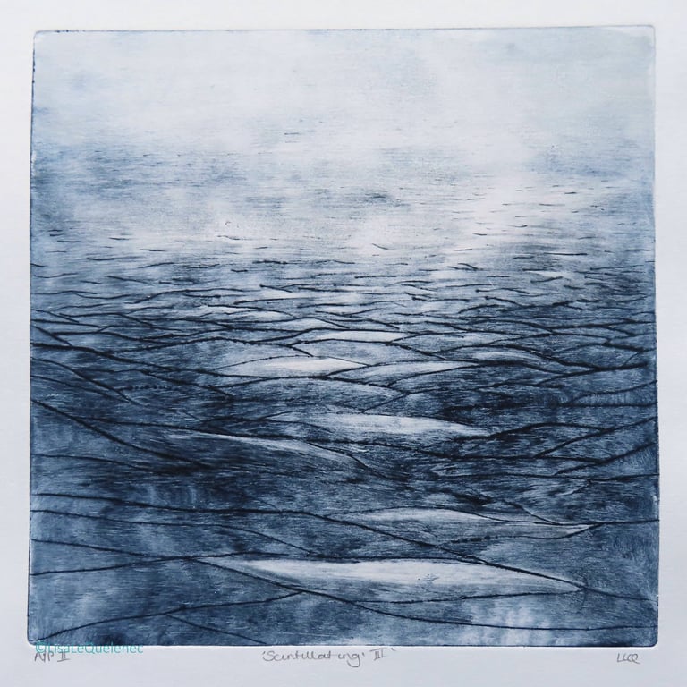 Scintillating III original drypoint etching print of light shining on the sea