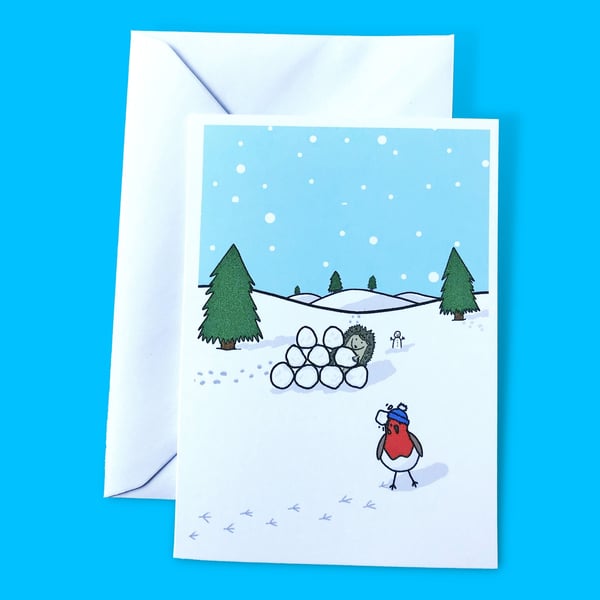 Snowball Fight Robin and Hedgehog Christmas Illustration A6 Card