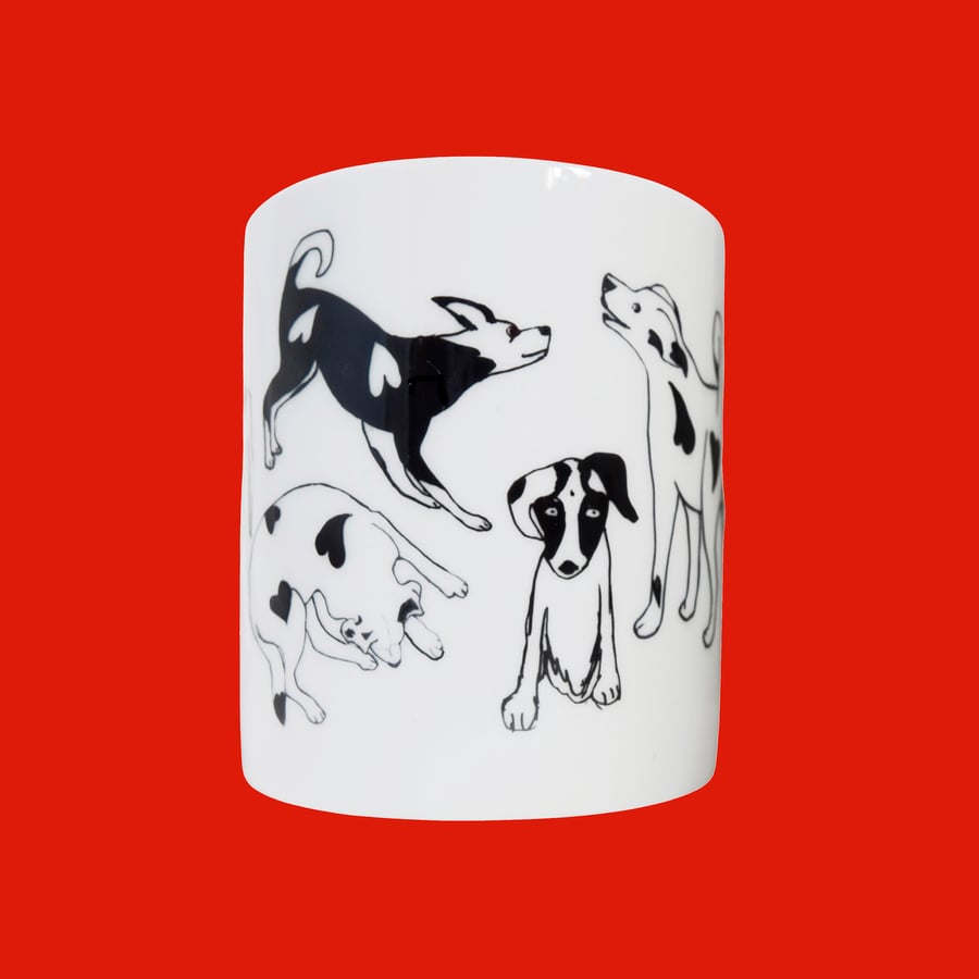 Dog of Hearts - Bone China Mug in Black Drawings on Creamy White