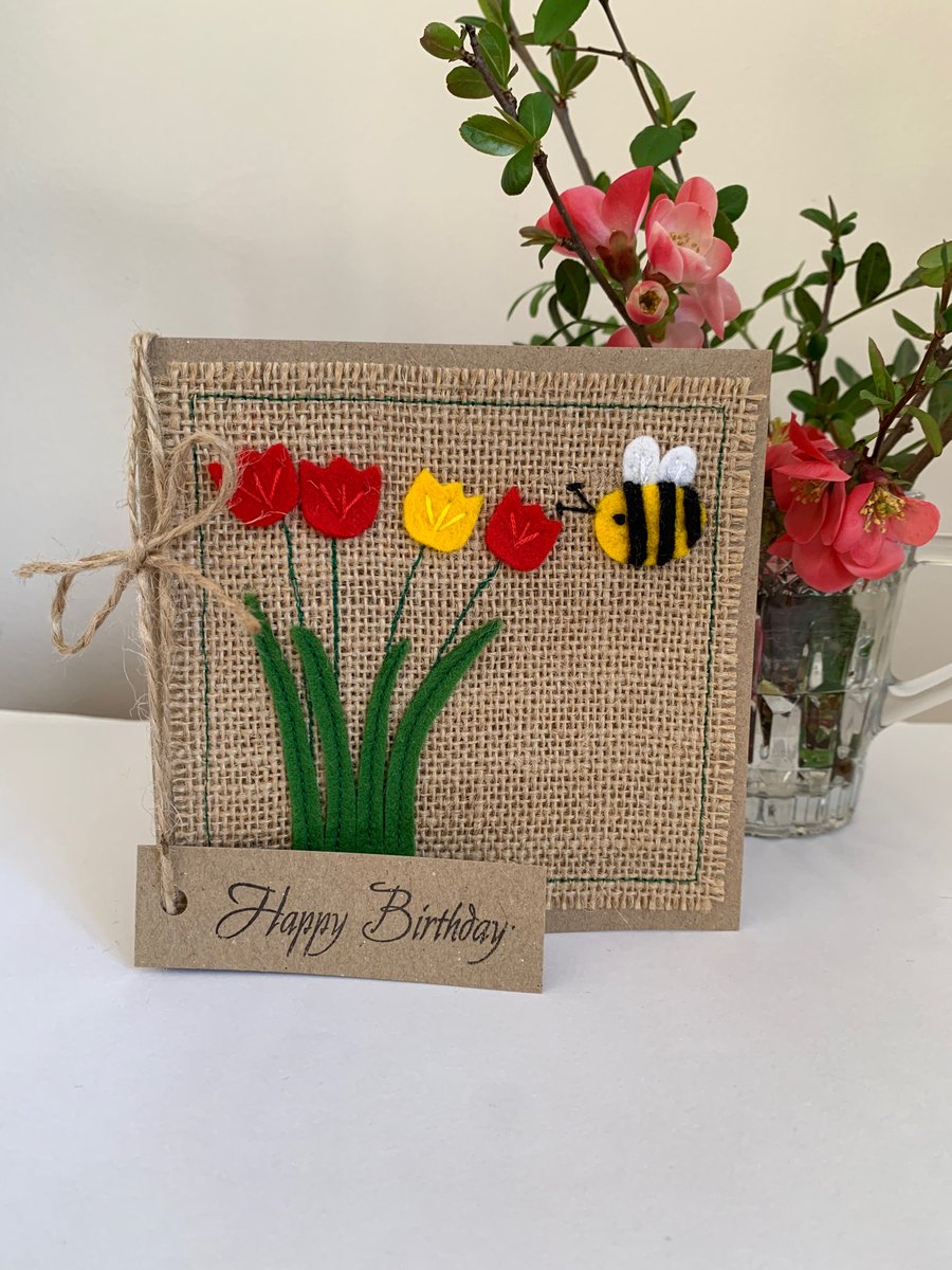 Birthday card. Red and yellow flowers with a bee. Wool felt. Handmade Card.