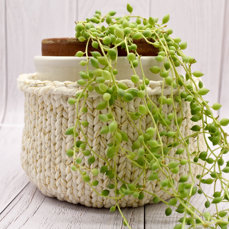 SOLD - Hand Knitted Pot - cream with gold thread - Medium