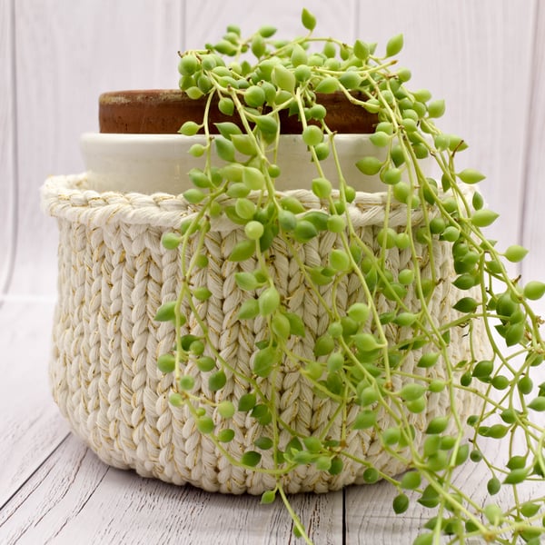 Hand Knitted Pot - cream with gold thread - Medium