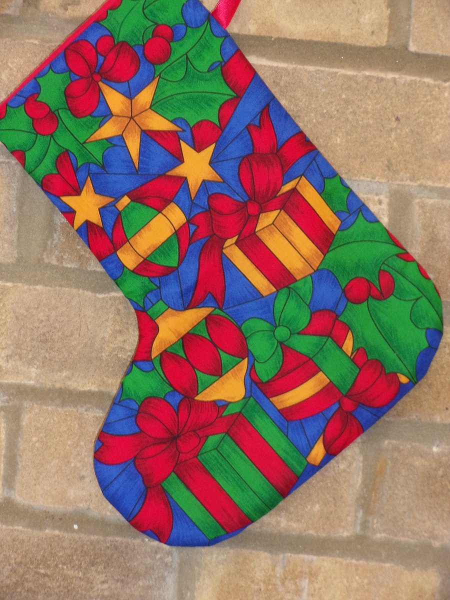 Christmas Stocking with Stained Glass Design of Parcels and Baubles