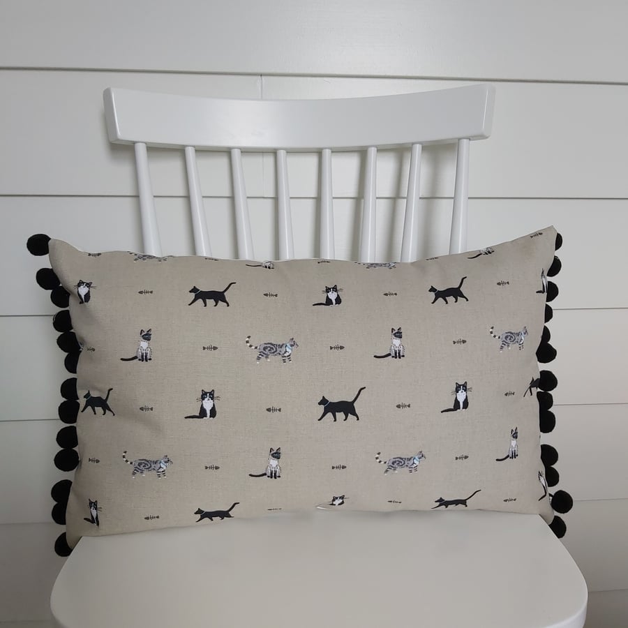 Sophie Allport Cats    Cushion with Black  Pom Poms