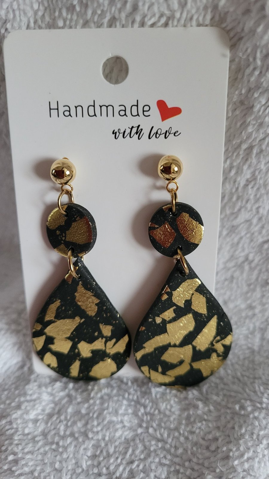 Black and Gold Teardrop Polymer Clay Earrings. 316 Surgical Stainless Steel 