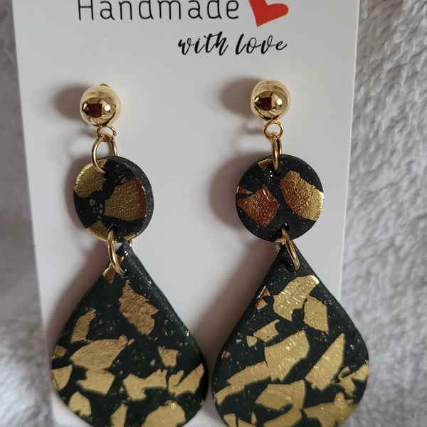 Black and Gold Teardrop Polymer Clay Earrings. 316 Surgical Stainless Steel 