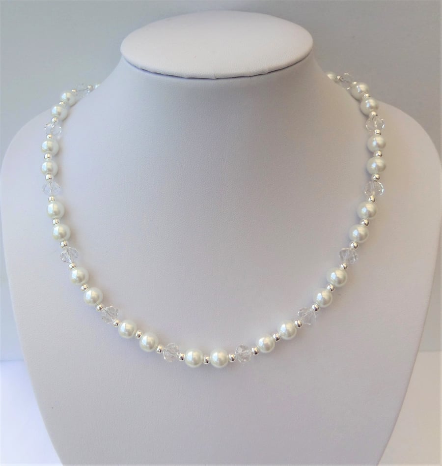 White glass pearl, clear rondelle crystal bead necklace.