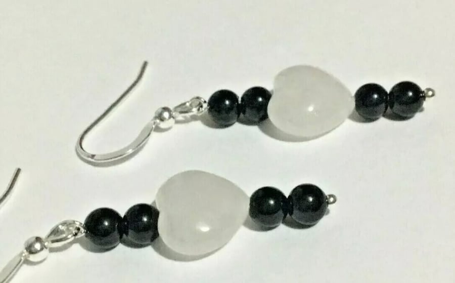 White Rutilated Quartz Heart with Black Agate Earrings on Sterling Silver Hooks