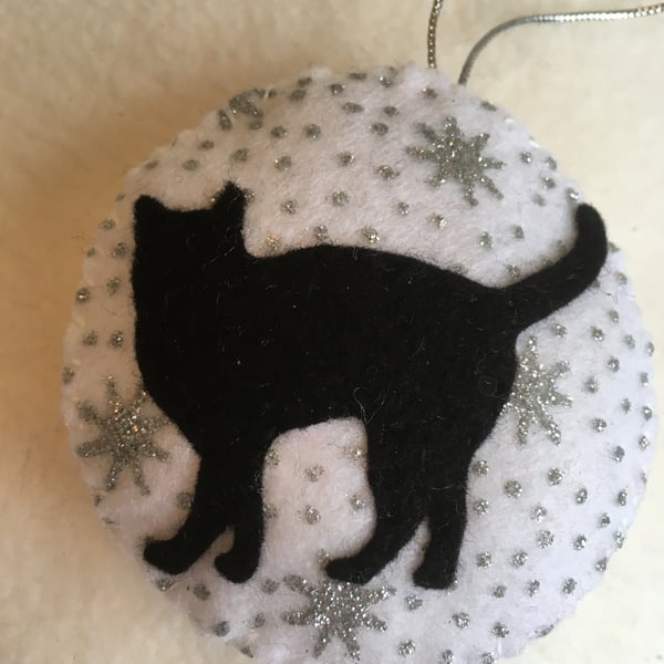 Black Cat Christmas White bauble, Christmas tree decoration, cat decor
