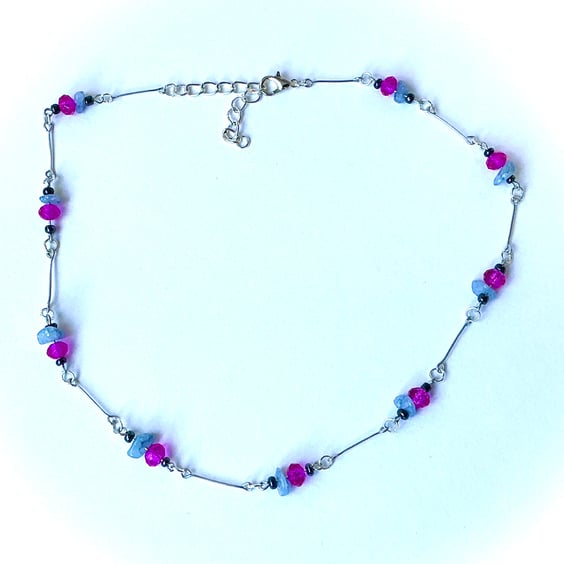 Aquamarine & Cerise Pink Glass Beaded Necklace