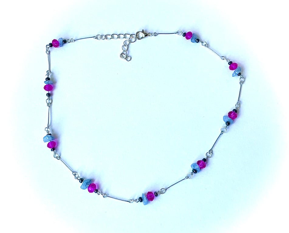 Aquamarine & Cerise Pink Glass Beaded Necklace