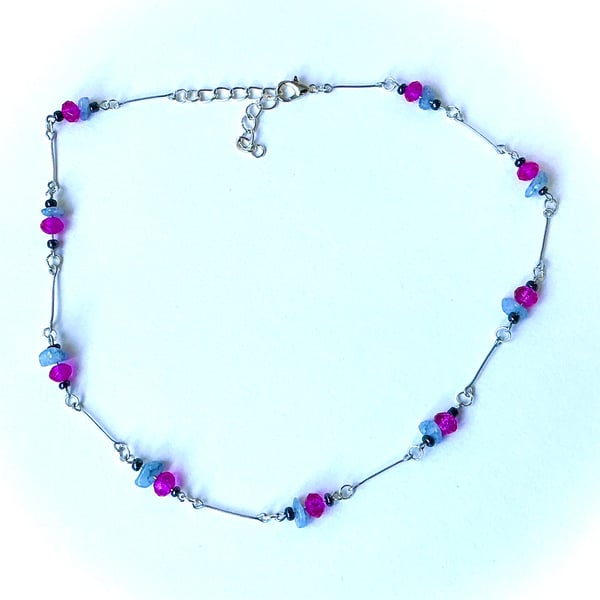 Aquamarine & Cerise Pink Glass Beaded Necklace