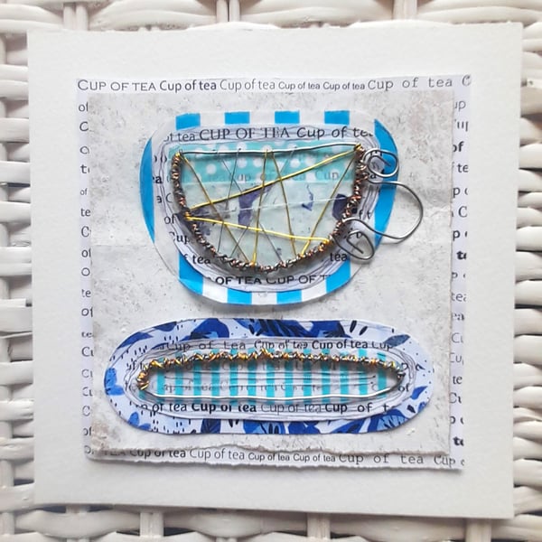 A Wire Blue & White Cup of Tea. Handmade Artwork. Perfect for Tea Lovers!!!