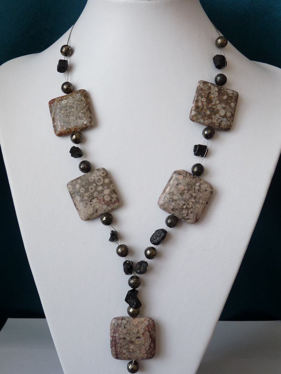 Ocean Jasper, Tourmaline & Pyrite Necklace  - Sterling Silver - Handmade 