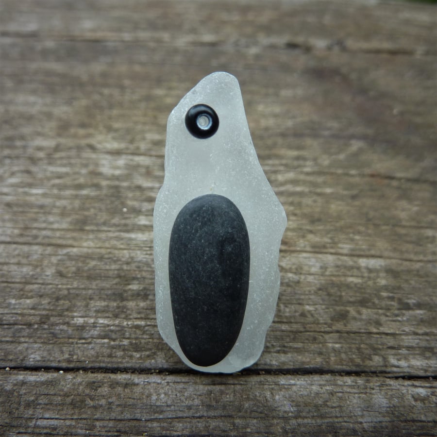 Penguin brooch, white sea glass and black beach pebble