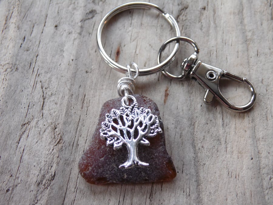 Amber Cornish Sea Glass with Tree of Life Bag Charm Key Ring K632