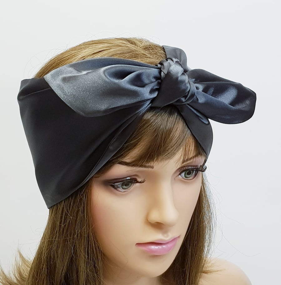 Dark grey satin headband, rockabilly hair scarf, silky bandanna, head scarf