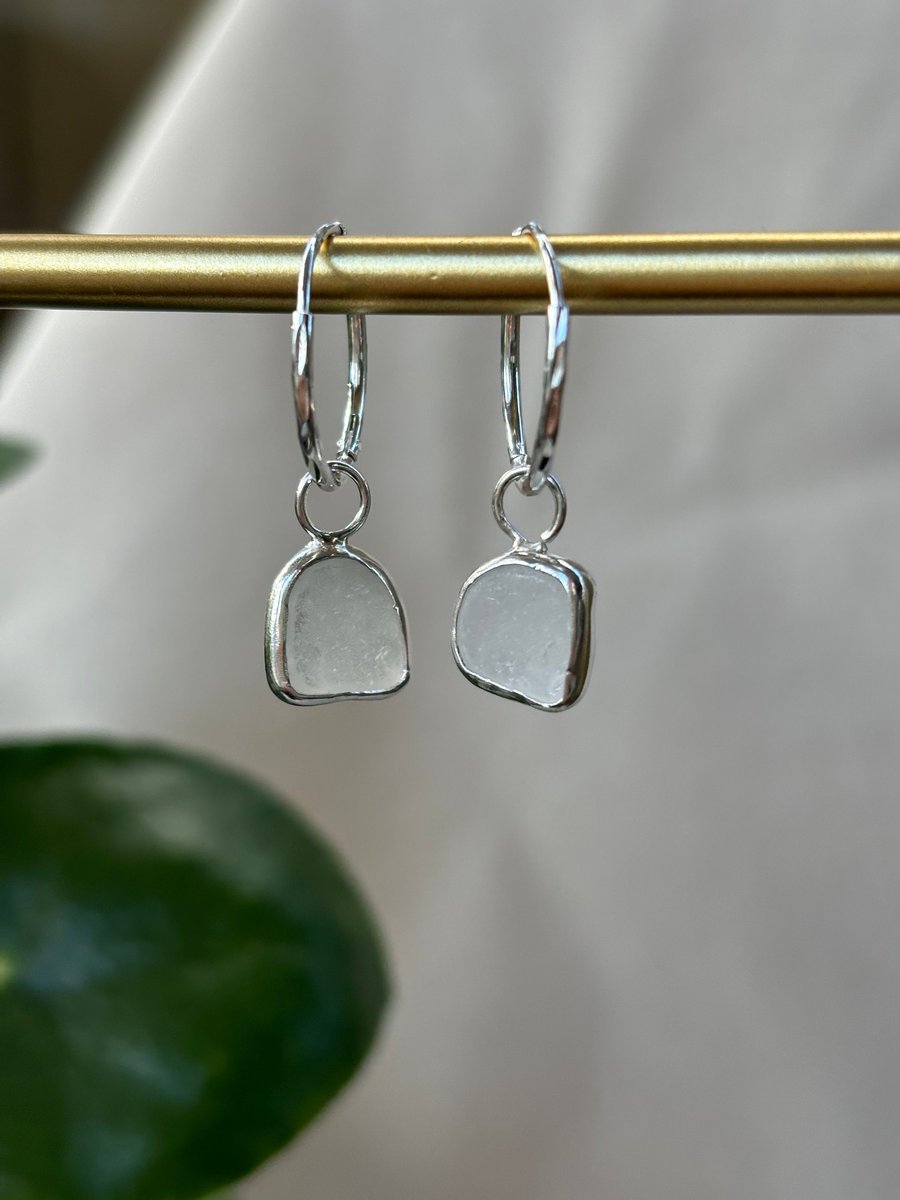 Sea glass silver hoops, Huggie hoops, Hoop earrings