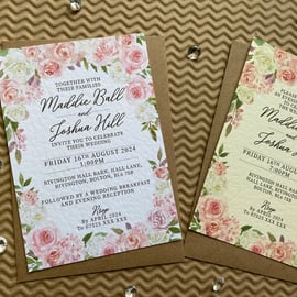 10 pink white ROSES wreath wedding INVITES, cards blush rustic A5 A6 invitations