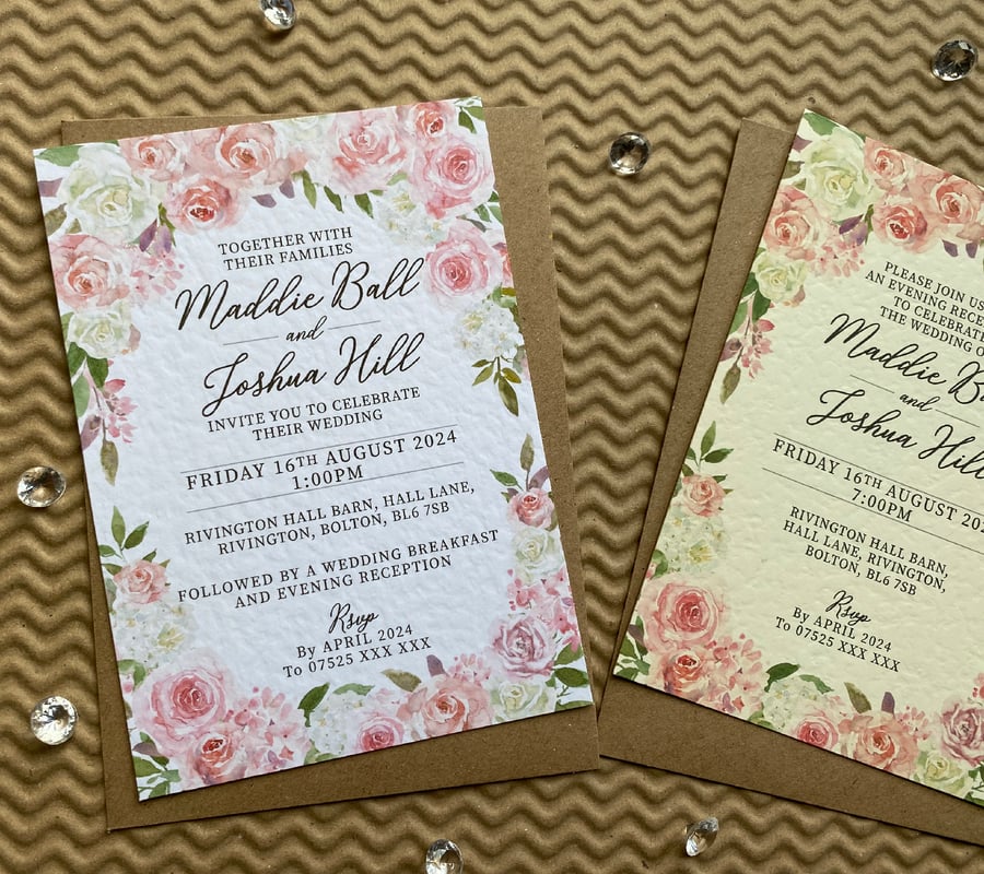10 pink white ROSES wreath wedding INVITES, cards blush rustic A5 A6 invitations