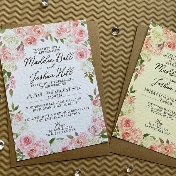 10 pink white ROSES wreath wedding INVITES, cards blush rustic A5 A6 invitations