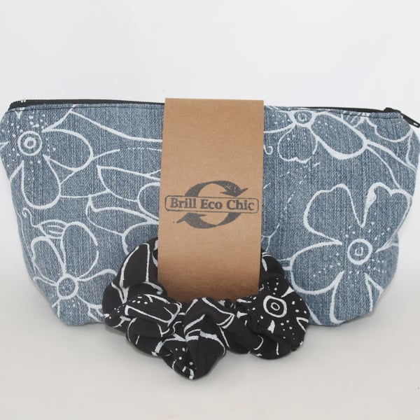 floral makeup bag and hand printed black scrunchie,zero waste Eco gift set
