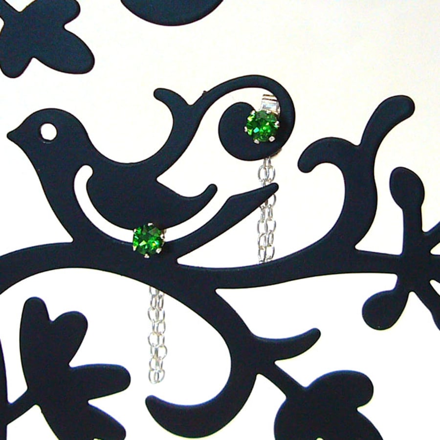 Green crystal chain earrings, delicate earrings, crystal jewellery