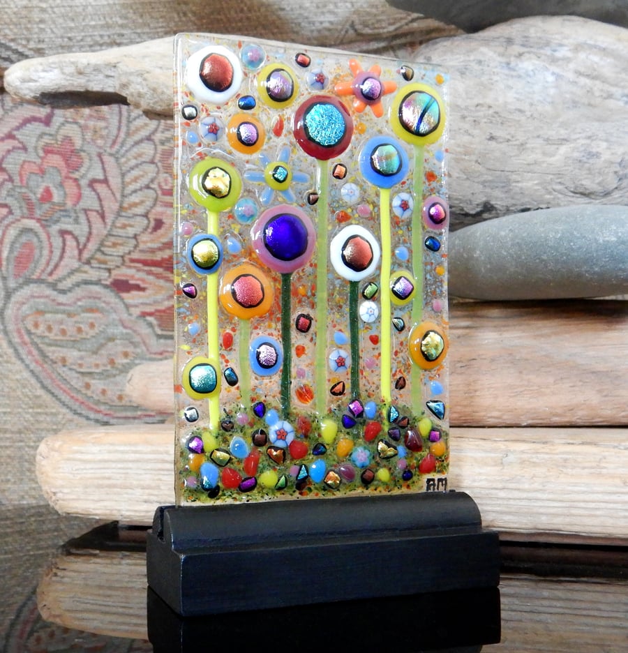 Handmade Fused Glass 'IN THE GARDEN' framed picture.