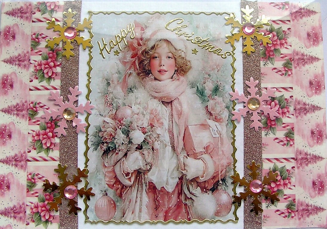Hand Crafted Decoupage Chistmas Card - Happy Christmas (3344) Xmas Shopping Girl