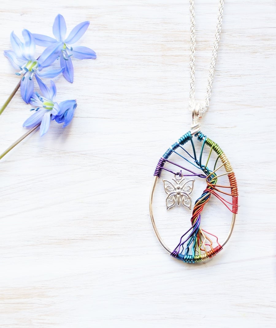 Rainbow necklace, Tree of life, Tree necklace, Fairy necklace, Butterfly, Bird